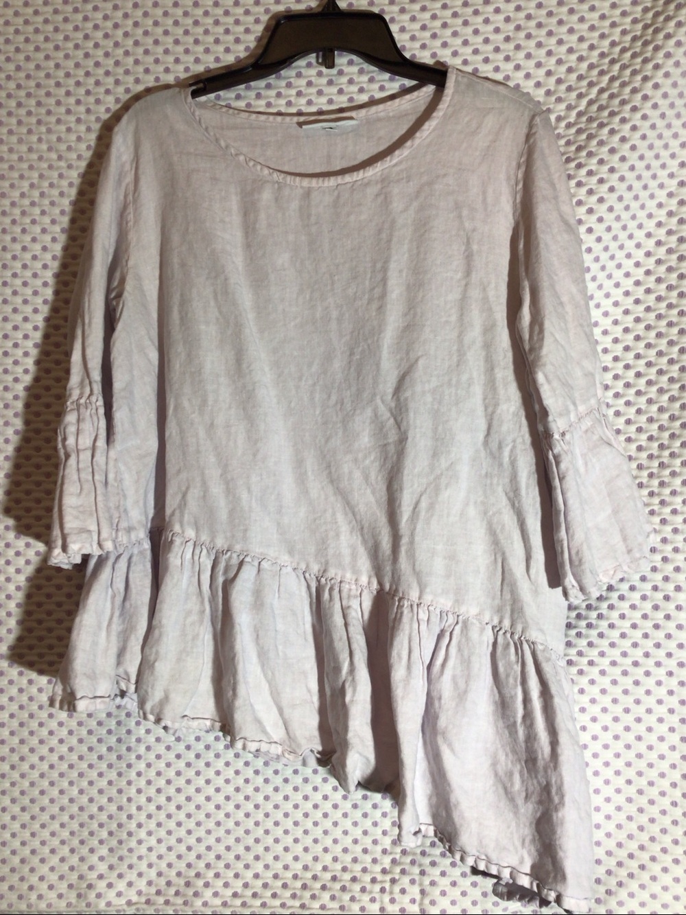 Bryn Walker Light Purple linen Tunic Top, Asymmetrical Ruffle Hem Lagenlook